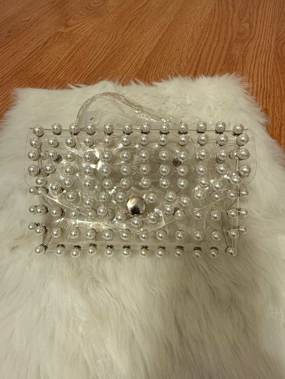 Clear Pearl-Embellished Crossbody Clutch/ Beltbag - White